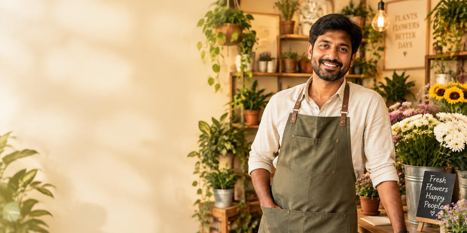 A smiling shop owner